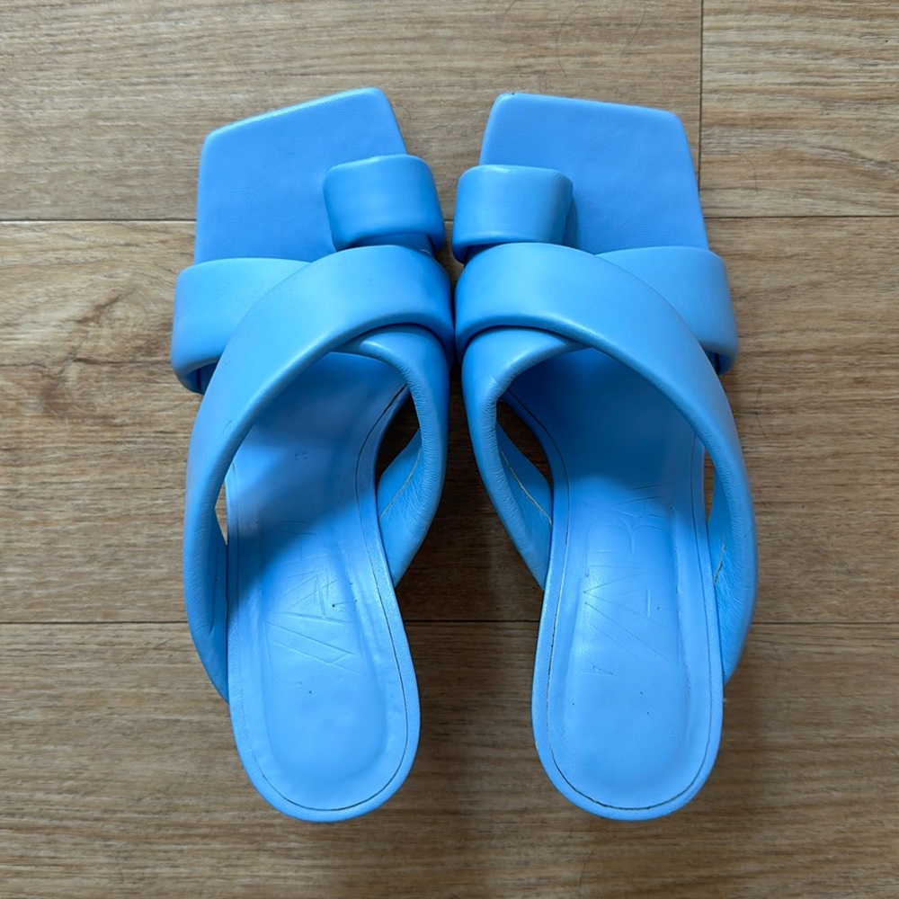 Zara Sky Blue Square Toe Leather Sandall- mint condition - worn once!